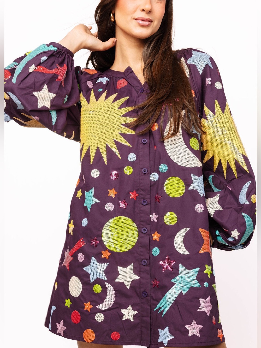 QUEEN OF SPARKLES Dark Purple Multi Galaxy Cotton Bubble Sleeve Dress. Size L